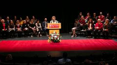 Rutgers School of Nursing–Camden Dean Donna Nickitas addresses students at the January 2019 Pinning Ceremony